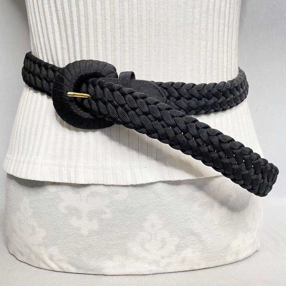 💎Womens Belt Medium Waist Black Braided Ribbed Cord Covered Prongless Buckle